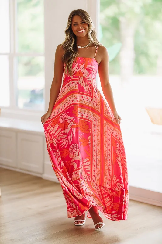 Week in Cabo Maxi Dress - Orange and Pink Comfortable Fitted Maxi Dress