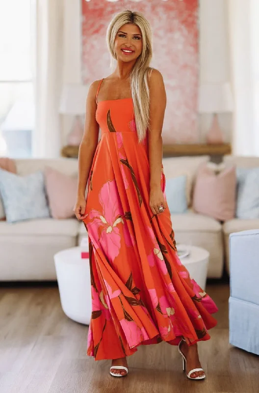 Week in Tulum Maxi Dress - Orange and Pink Stylish Long Sleeve Maxi Dress