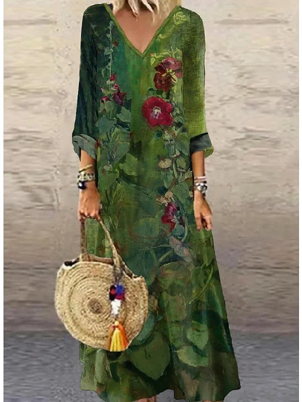 CityHottie - Women's Casual Dress Ethnic Dress Long Dress Maxi Dress Green 3/4 Length Sleeve Floral Print Summer Spring Fall V Neck Classic Vacation 2024 S M L XL XXL 3XL 4XL Trendy Floral Print Maxi Dress