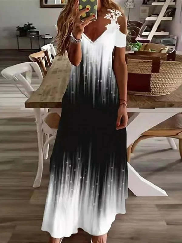 CityHottie - Women's Long Dress Maxi Dress Casual Dress A Line Dress Floral Dress Floral Print Ombre Fashion Casual Outdoor Daily Holiday Cut Out Print Short Sleeve V Neck Dress Regular Fit Light Yellow Black Trendy Maxi Dress with Belt