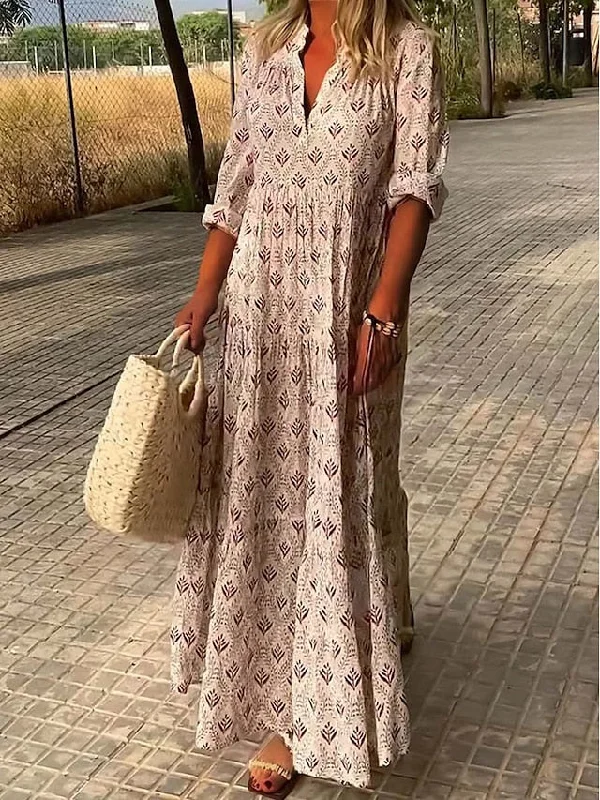 CityHottie - Women's Long Dress Maxi Dress Casual Dress Summer Dress Print Dress Geometric Fashion Streetwear Outdoor Date Vacation Print 3/4 Length Sleeve V Neck Dress Regular Fit Pink Blue Green Summer Spring S Comfortable Long-Sleeve Maxi Dress