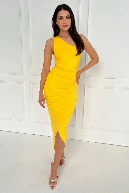 Yellow One Shoulder Wrap Draped Midi Dress Stylish Vintage Midi Dress