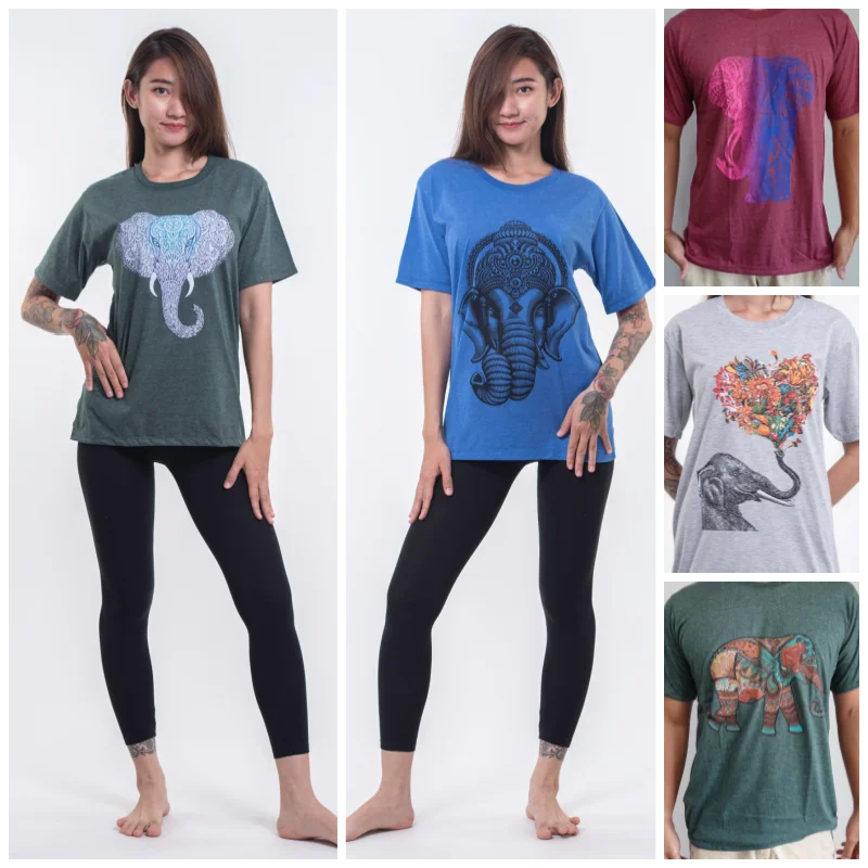 Assorted set of 5 Unisex Bohemian Elephant Cotton T-Shirts Collared T-Shirt Boat Neck A-Line