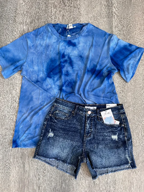 Blue Tie Dye Tee Solid Print Embellished