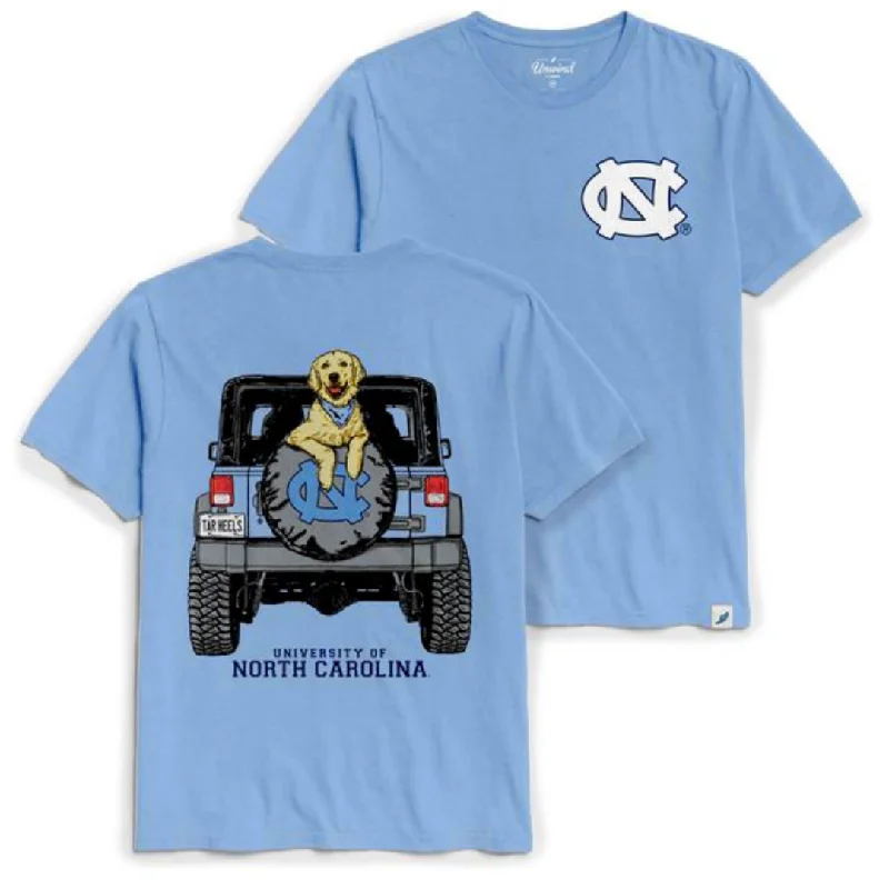 Carolina Blue UNC Dog T-Shirt with Golden Retriever in Jeep Faux Fur Fabric Real Fur Fabric Shearling Fabric