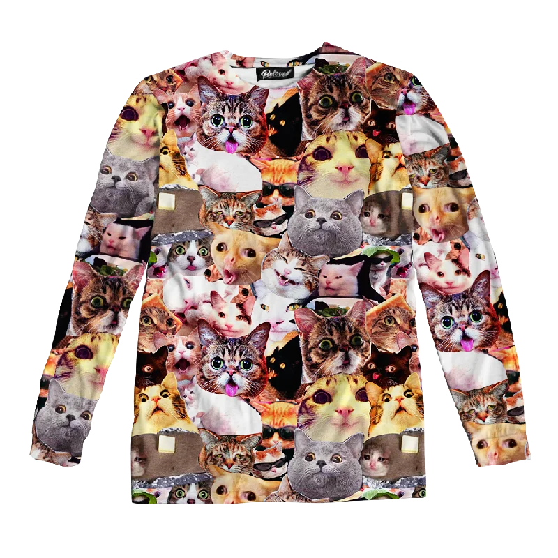 Cats Meme Face Unisex Long Sleeve Tee Notch Collar Peter Pan Collar Cowl Neck