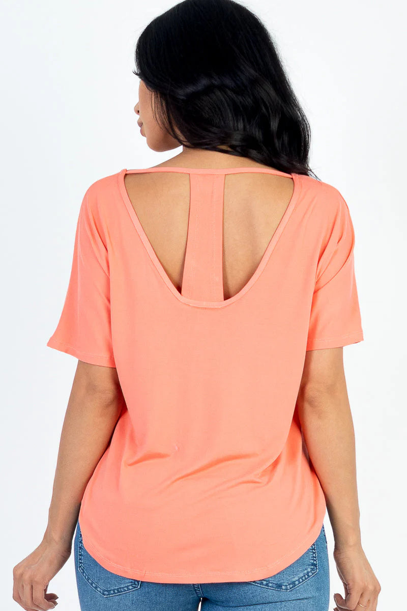 Coral Buttery Cutout back tee Striped Floral Plaid