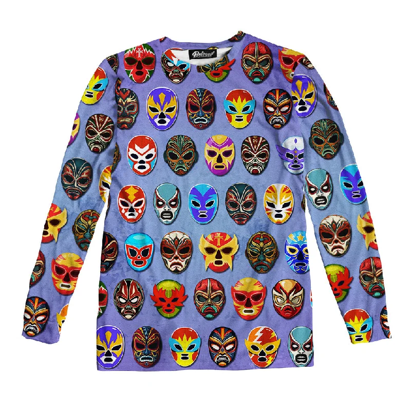 Lucha Libre Mask Unisex Long Sleeve Tee Mesh Blend Leather Blend Suede Blend