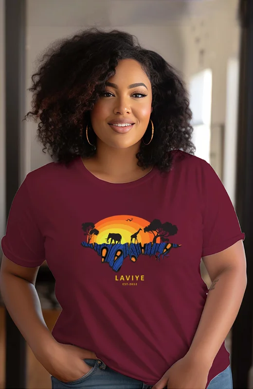 Maroon African Safari Graphic T-shirt Unisex African Print T-Shirt  | ENUGU Embroidered Appliqued Beaded