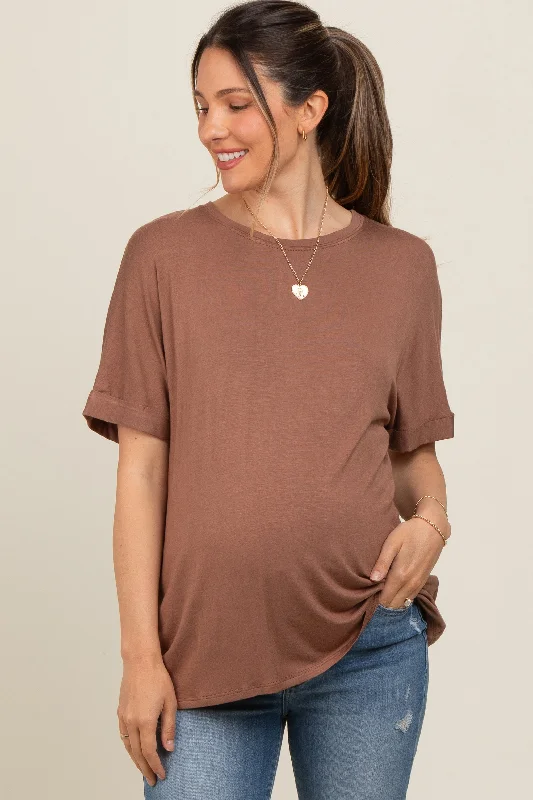 Mocha Relaxed Fit Maternity T-Shirt Denim Fabric Leather Fabric Suede Fabric