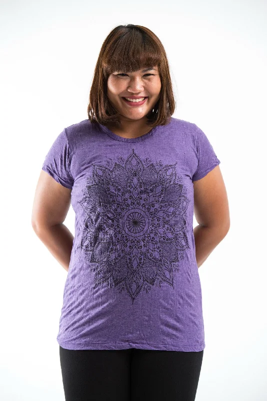 Plus Size Sure Design Women's Lotus Mandala T-Shirt Purple Welt Pockets Slit Pockets