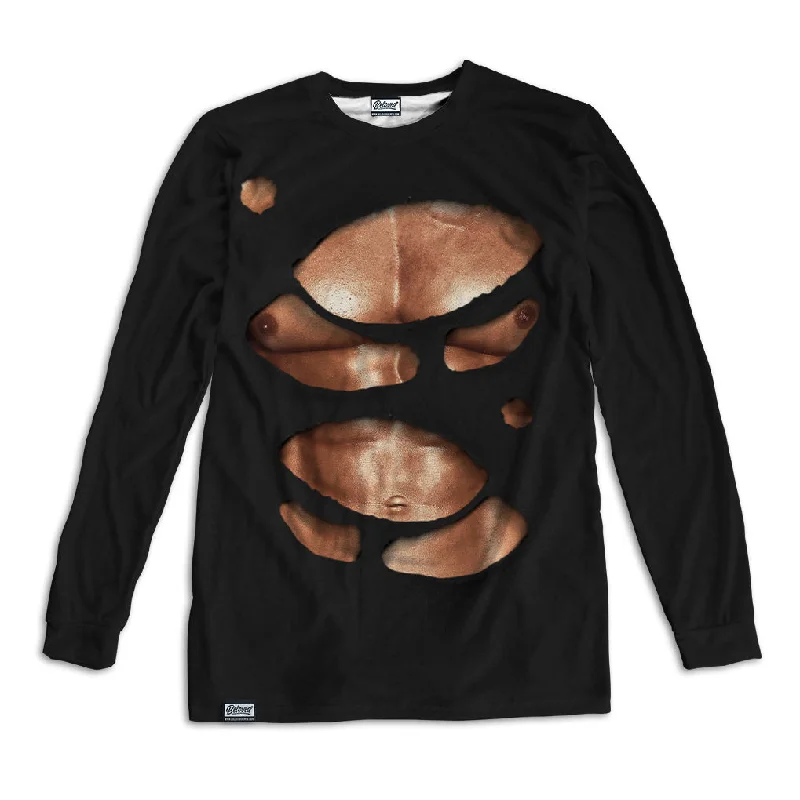 Ripped Chest Unisex Long Sleeve Tee Mesh Fabric Canvas Fabric Denim Fabric