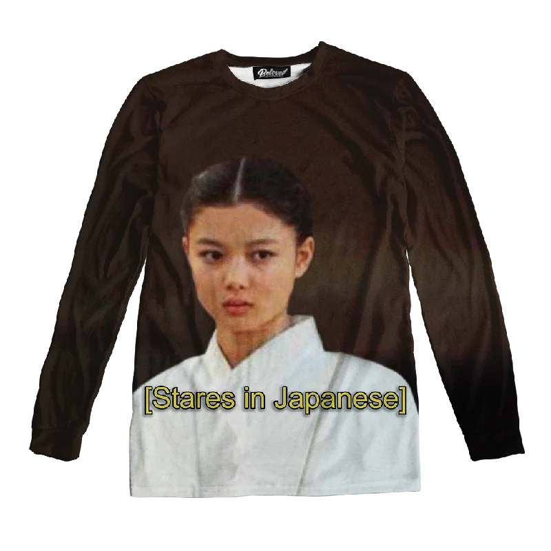 Stares In Japanese Unisex Long Sleeve Tee Notch Collar Peter Pan Collar Cowl Neck