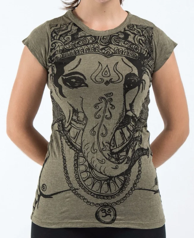 Sure Design Women's Big Face Ganesh T-Shirt Green Collared T-Shirt Boat Neck A-Line