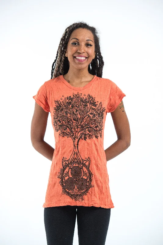 Sure Design Women's Celtic Tree T-Shirt Orange Welt Pockets Slit Pockets Flap Pockets