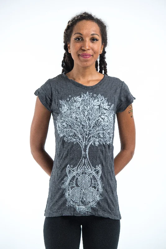 Sure Design Women's Celtic Tree T-Shirt Silver on Black Striped Floral Plaid