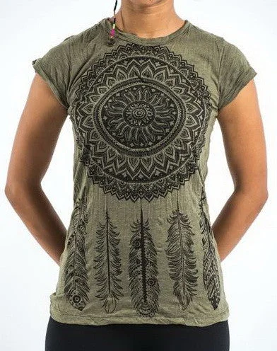 Sure Design Women's Dreamcatcher T-Shirt Green Mesh Canvas Denim