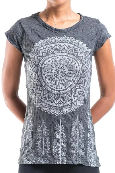 Sure Design Women's Dreamcatcher T-Shirt Silver on Black Houndstooth Herringbone Solid