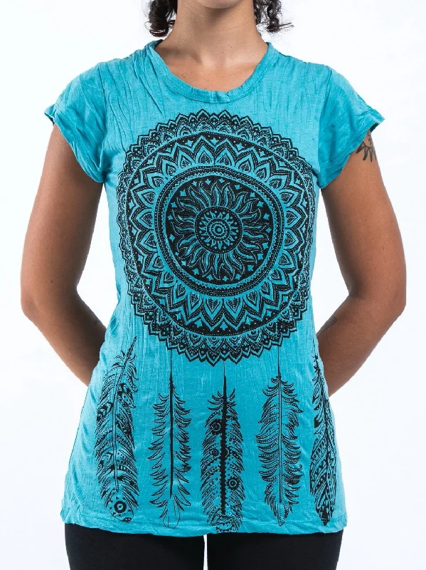 Sure Design Women's Dreamcatcher T-Shirt Turquoise Denim Fabric Leather Fabric Suede Fabric