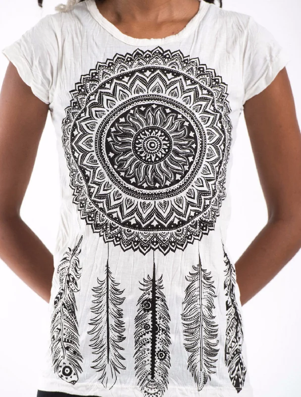 Sure Design Women's Dreamcatcher T-Shirt White Solid Print Embellished