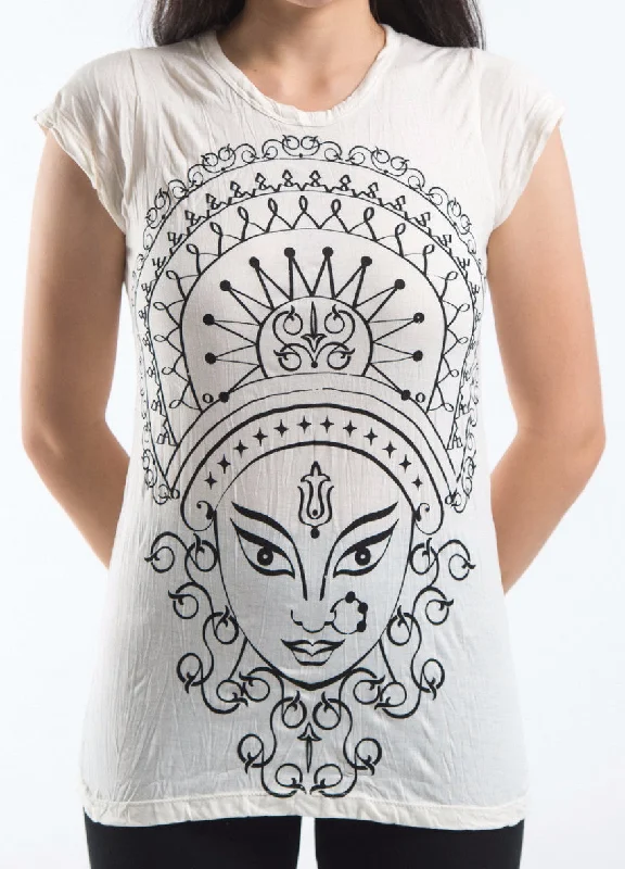 Sure Design Women's Durga Kali T-Shirt White Embroidered Appliqued Beaded