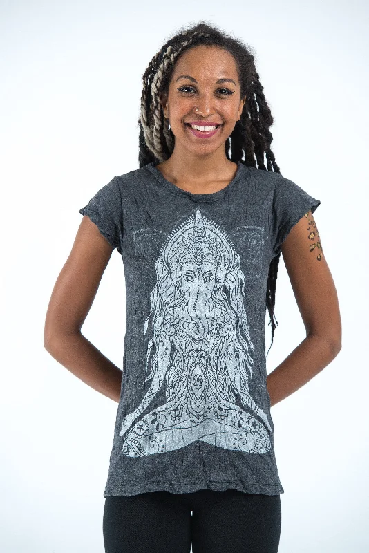 Sure Design Women's Ganesh Mantra T-Shirt Silver on Black Machine Wash Dry Clean Hand Wash