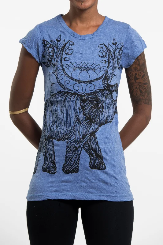 Sure Design Women's Lotus Elephant T-Shirt Blue Mesh Blend Leather Blend Suede Blend