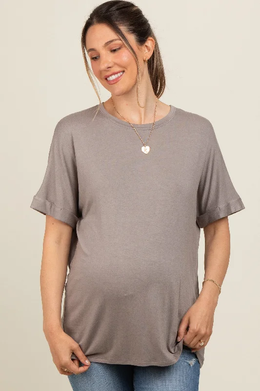 Taupe Relaxed Fit Maternity T-Shirt Mesh Blend Leather Blend Suede Blend