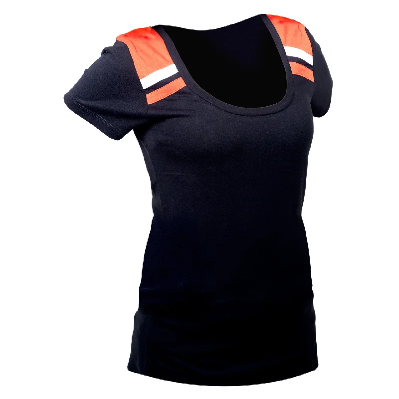 VB013 Ladies Blank T-shirts w/ Orange & White Shoulder Accents Solid Print Embellished