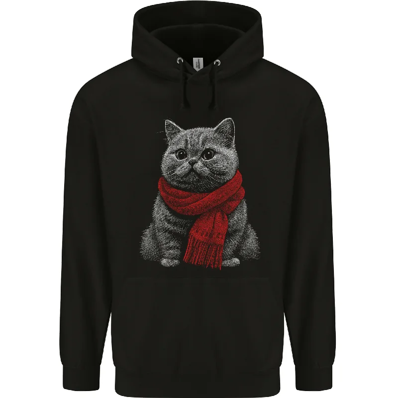 A Winter Cat in a Scarf Mens 80% Cotton Hoodie Hoodie with Back Slit Movement Comfort