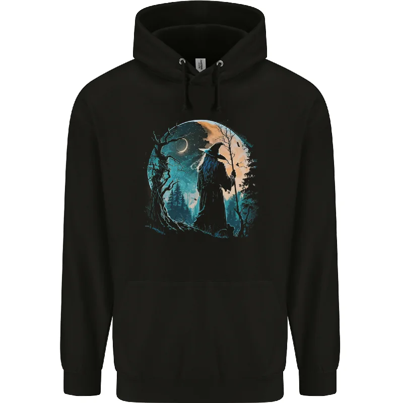 A Wizard Looking at a Fantasy Moon Warlock Mens 80% Cotton Hoodie Hoodie Crop Top Short Trendy