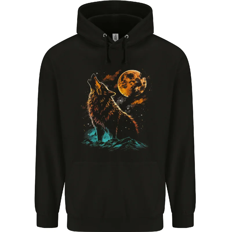 A Wolf Howling With the Moon at Night Mens 80% Cotton Hoodie Hoodie with Hood Adjustable Protection