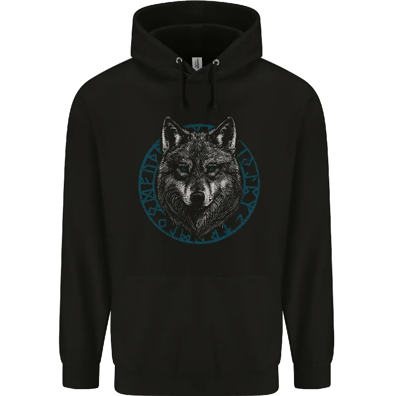 A Wolf in Viking Symbols Text Valhalla Mens 80% Cotton Hoodie Hoodie with Print Artistic Unique