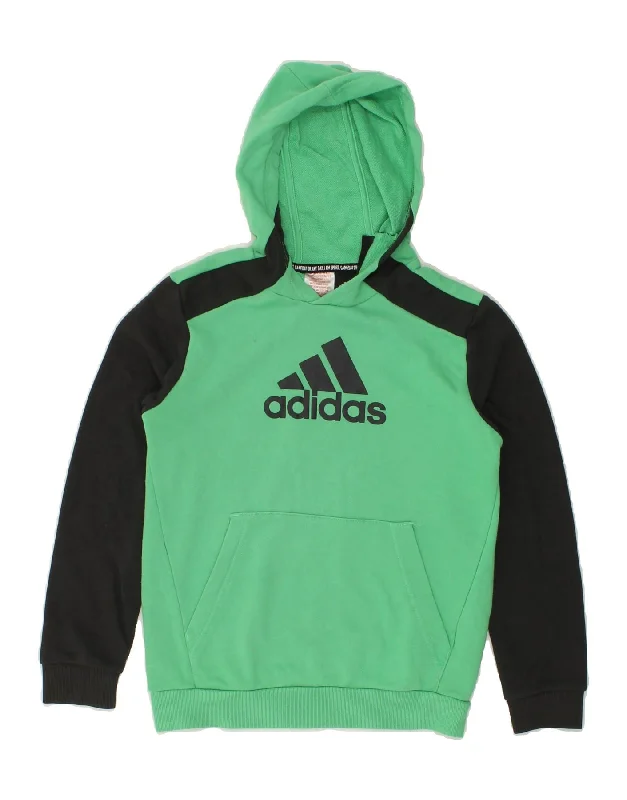 ADIDAS Boys Graphic Hoodie Jumper 11-12 Years Green Colourblock Cotton Hoodie with Tied Waist Feminine Flattering