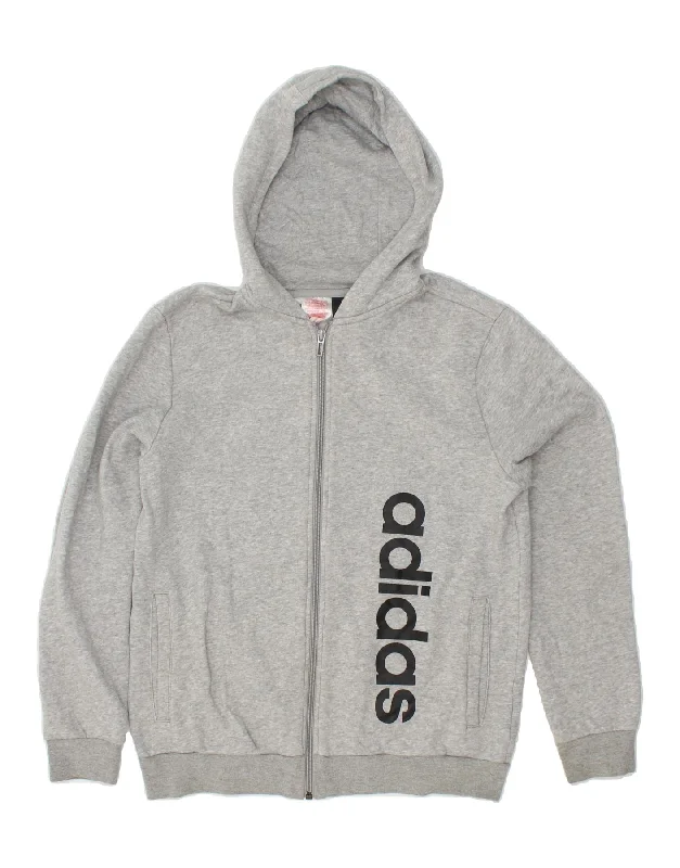 ADIDAS Boys Graphic Zip Hoodie Sweater 13-14 Years Grey Cotton Hoodie with Distressed Vintage Worn