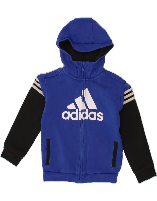 ADIDAS Boys Graphic Zip Hoodie Sweater 7-8 Years Blue Colourblock Cotton Hoodie with Ribbed Neckline Snug Warm