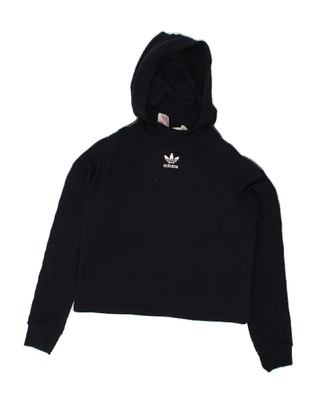 ADIDAS Girls Graphic Crop Hoodie Jumper 14-15 Years Navy Blue Polyester Hoodie with Elastic Cuffs Stretchable Comfortable