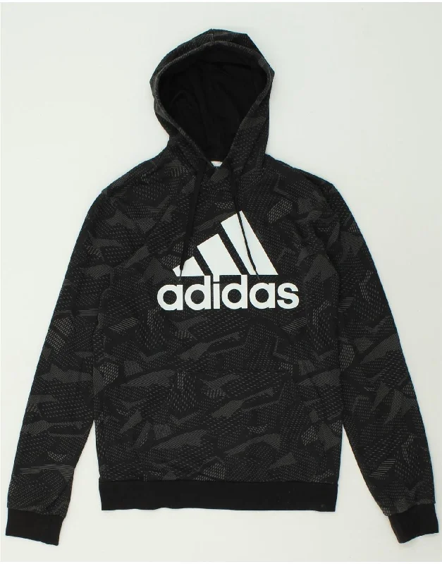 ADIDAS Mens Graphic Hoodie Jumper Small Black Cotton Hoodie with Hem Embroidery Detailed Premium