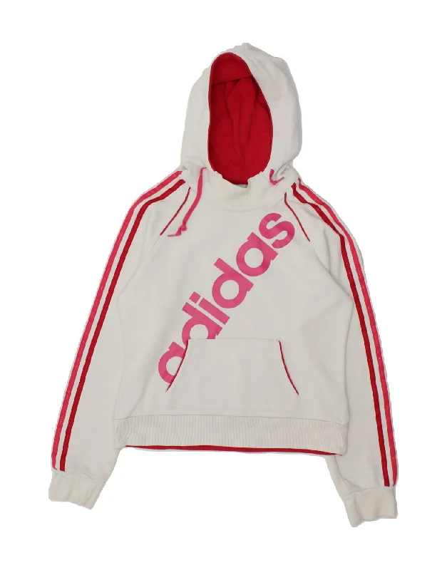 ADIDAS Womens Graphic Hoodie Jumper UK 10 Small  White Cotton Hoodie with Drawcord Adjustable Secure