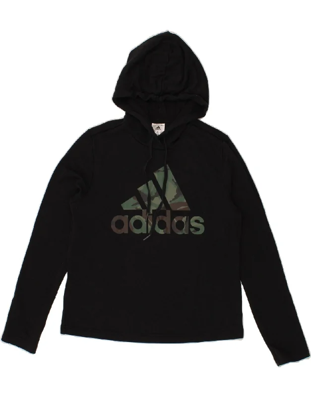 ADIDAS Womens Graphic Hoodie Jumper UK 12/14 Medium Black Cotton Hoodie with Zipper Versatile Modern