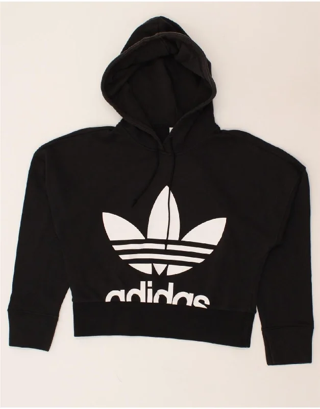 ADIDAS Womens Oversized Graphic Hoodie Jumper UK 8 Small Black Cotton Hoodie with Hem Raw Edge Edgy Unfinished