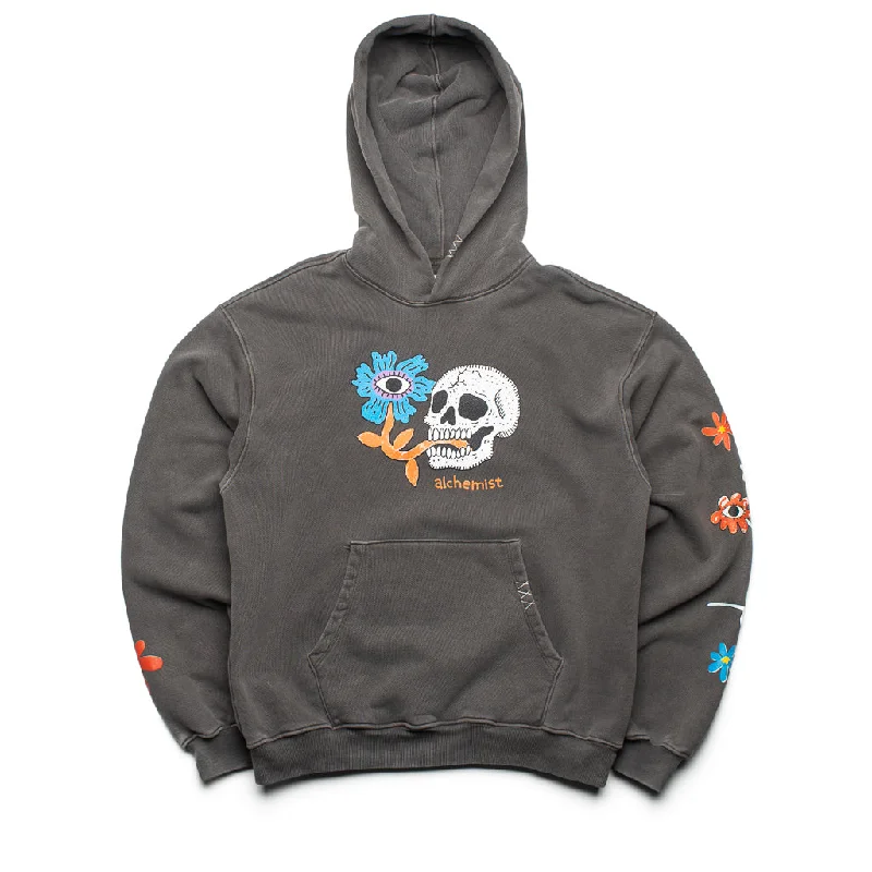 Alchemist Floral Skull Hoodie - Jet Black Hoodie with Hem Detail Decorative Unique