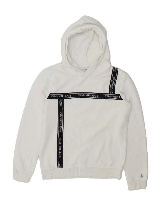 CALVIN KLEIN JEANS Boys Graphic Hoodie Jumper 15-16 Years White Cotton Hoodie with Zipper Placket Modern Functional