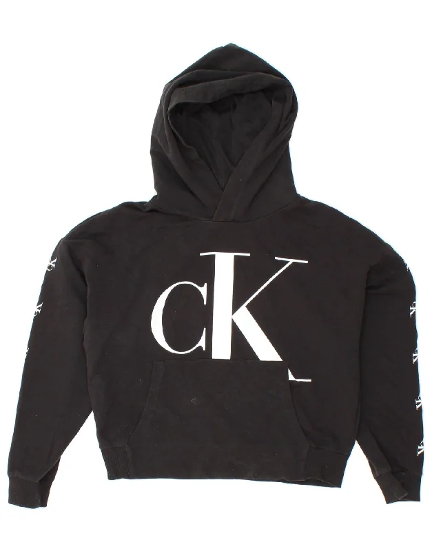 CALVIN KLEIN JEANS Girls Crop Graphic Hoodie Jumper 13-14 Years Black Hoodie with Elastic Waist Stretchable Comfortable