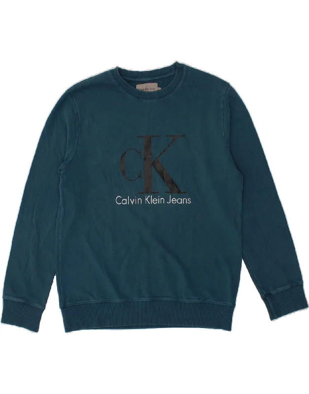 CALVIN KLEIN JEANS Mens Graphic Sweatshirt Jumper Large Turquoise Cotton Hoodie with Relaxed Fit Easy Casual