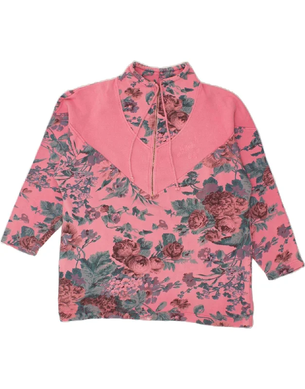 CAMPAGNOLO Womens Zip Neck Sweatshirt Jumper UK 14 Large Pink Floral Cotton Hoodie Fleece Lining Warmth