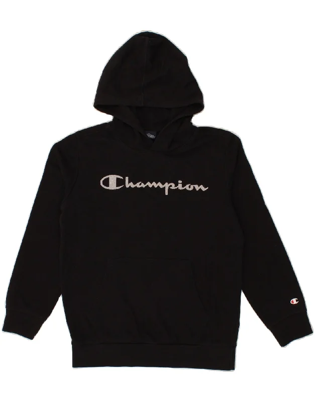 CHAMPION Boys Graphic Hoodie Jumper 11-12 Years Large Black Cotton Hoodie with Applique Textured Unique