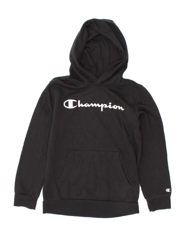 CHAMPION Boys Graphic Hoodie Jumper 11-12 Years Large Black Cotton Hoodie with Double Zipper Versatile Adjustable