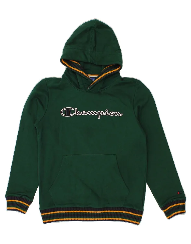 CHAMPION Boys Graphic Hoodie Jumper 13-14 Years XL Green Cotton Hoodie with Illustration Artistic Creative