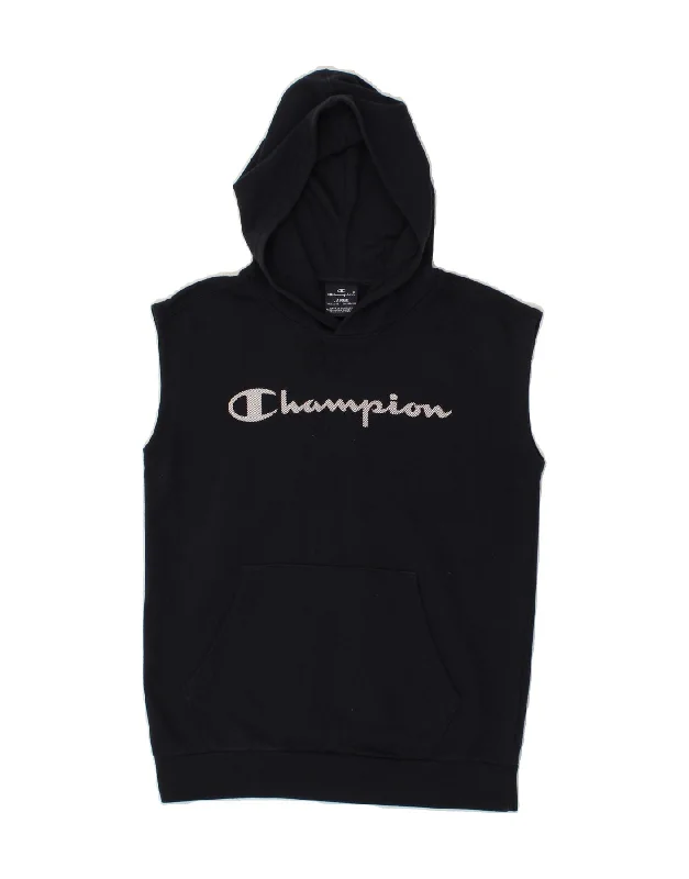 CHAMPION Boys Sleeveless Hoodie Jumper 11-12 Years Large  Navy Blue Cotton Hoodie with Pastel Soft Subtle